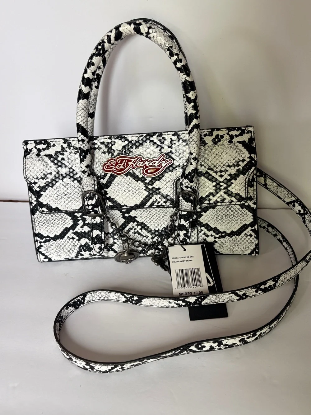 Ed Hardy Black & White Snake-Print Satchel with Skull Rose Charm
